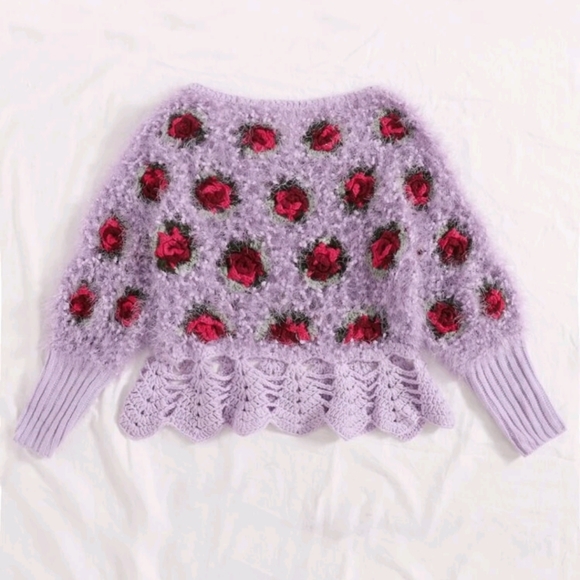 Super cute Rose Flower Fuzzy Knit Sweater - Picture 3 of 6